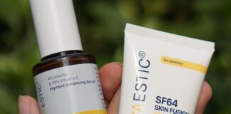 Routine sáng phục hồi da thâm mụn với serum Vitamin C và kem chống nắng DNA Repair