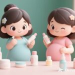 Hình ảnh bà bầu sử dụng các sản phẩm skincare. Hình mang phong cách chibi