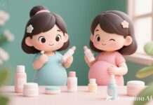 Skincare Cho Bà Bầu: An Toàn và Hiệu Quả? Hình ảnh bà bầu sử dụng các sản phẩm skincare. Hình mang phong cách chibi