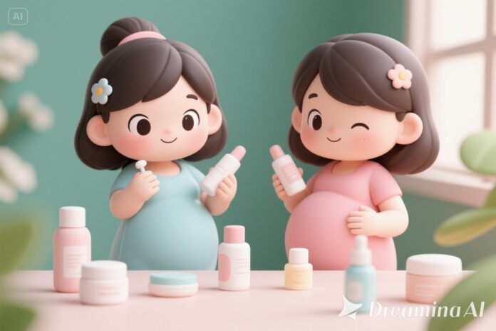 Hình ảnh bà bầu sử dụng các sản phẩm skincare. Hình mang phong cách chibi